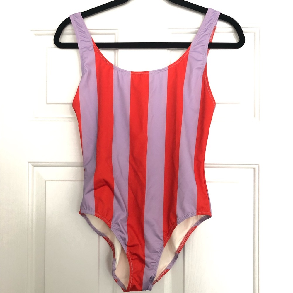 Solid and Striped - The Anne-Marie lilac and red striped one piece.